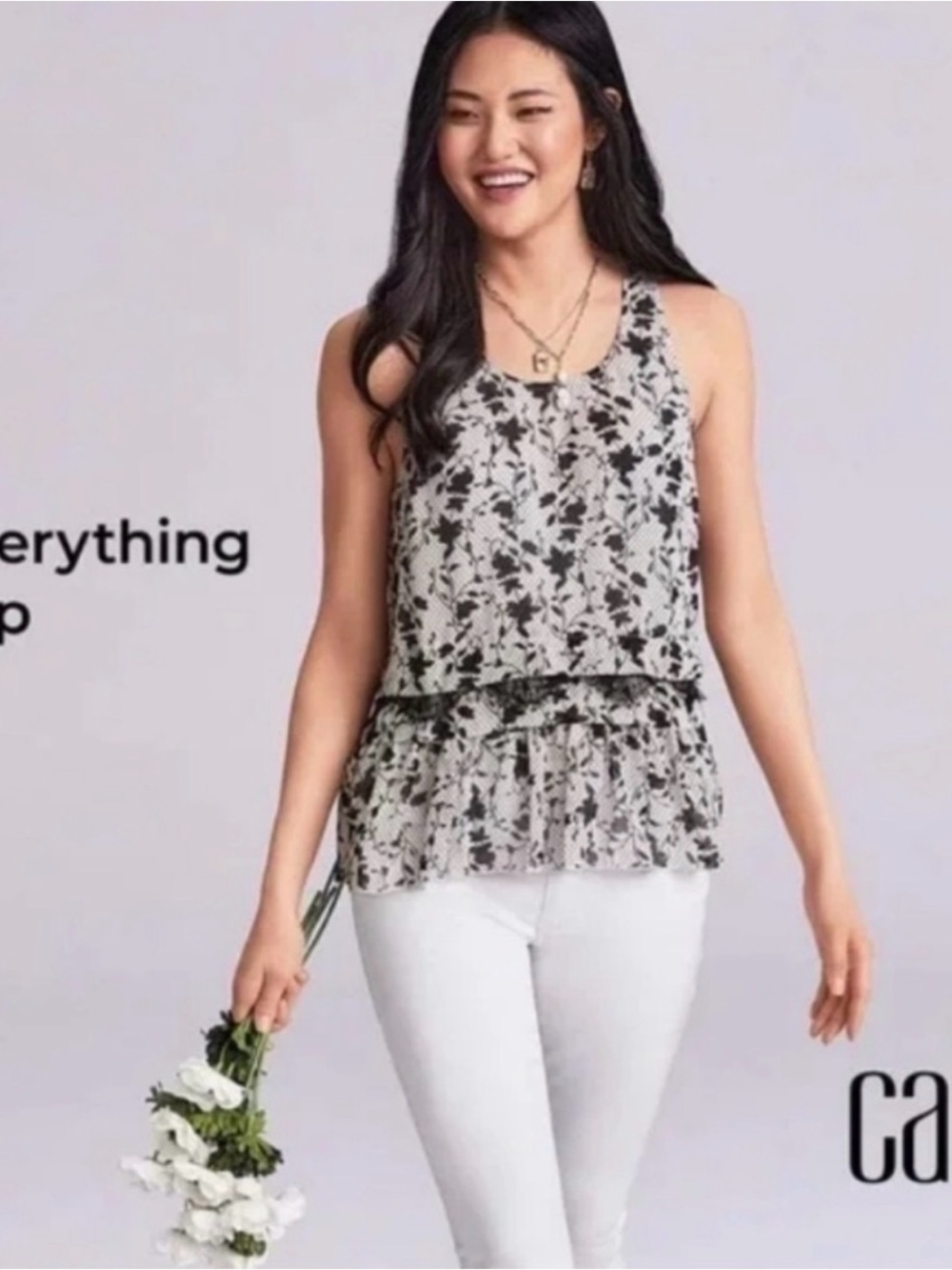 CAbi Black & White Floral Tiered Top with White Polka Dot Tank style# 5907